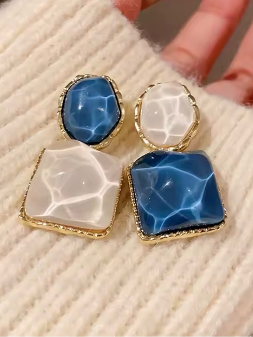 Blue White Resin Statement Earrings Coastal Style - Picture 3 of 5